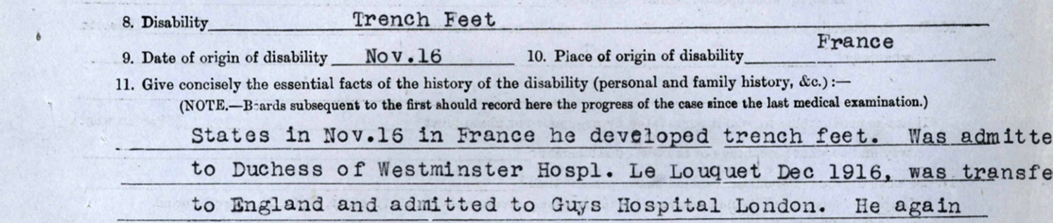 William, with trench feet, admitted to Guy&rsquo;s Hospital, London, 10th January 1916